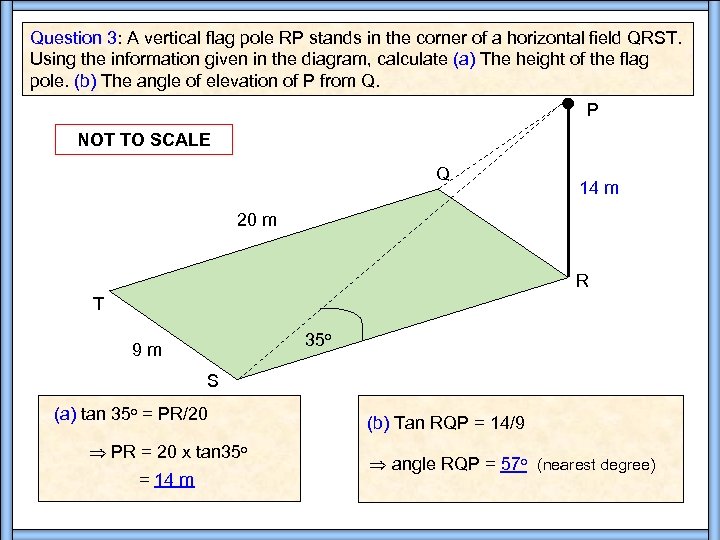 Question 3: A vertical flag pole RP stands in the corner of a horizontal