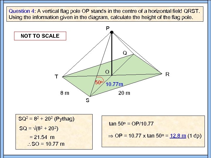 Question 4: A vertical flag pole OP stands in the centre of a horizontal