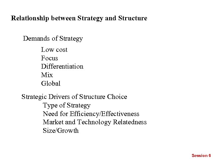 Relationship between Strategy and Structure Demands of Strategy Low cost Focus Differentiation Mix Global