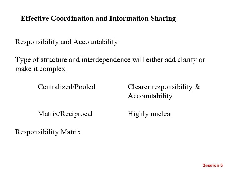 Effective Coordination and Information Sharing Responsibility and Accountability Type of structure and interdependence will