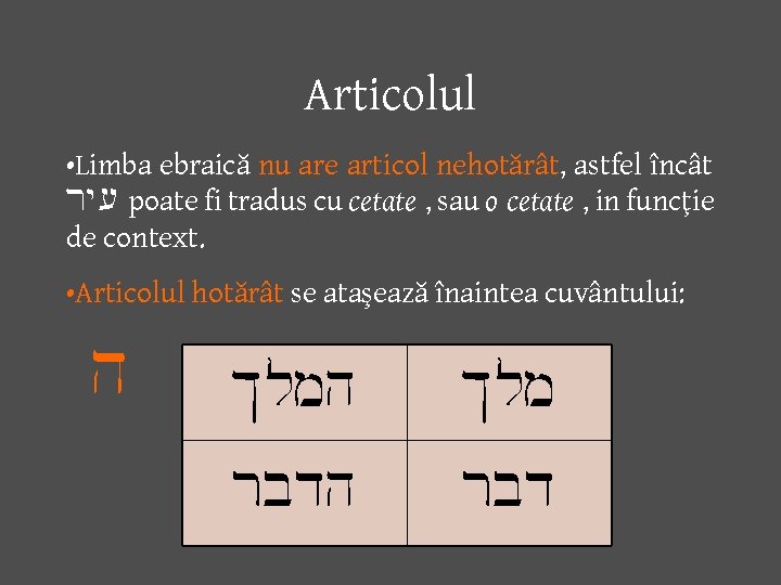 Articolul • Limba ebraică nu are articol nehotărât, astfel încât ry( poate fi tradus