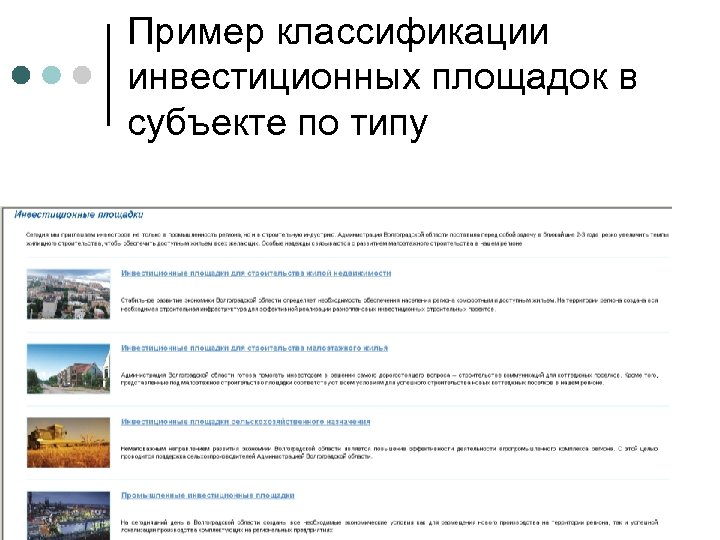 Пример классификации инвестиционных площадок в субъекте по типу 