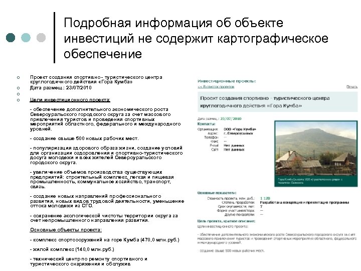 Подробная информация об объекте инвестиций не содержит картографическое обеспечение ¢ ¢ Проект создания спортивно