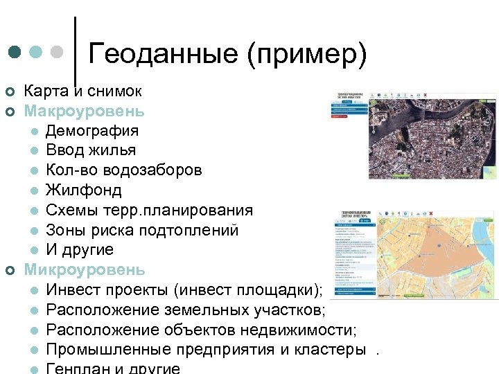 Геоданные (пример) ¢ ¢ ¢ Карта и снимок Макроуровень l Демография l Ввод жилья