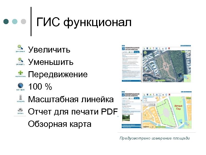 ГИС функционал Увеличить Уменьшить Передвижение 100 % Масштабная линейка Отчет для печати PDF Обзорная