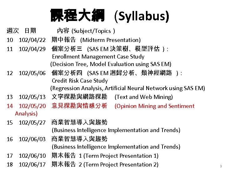 課程大綱 (Syllabus) 週次 日期 內容（ Subject/Topics） 10 102/04/22 期中報告 (Midterm Presentation) 11 102/04/29 個案分析三