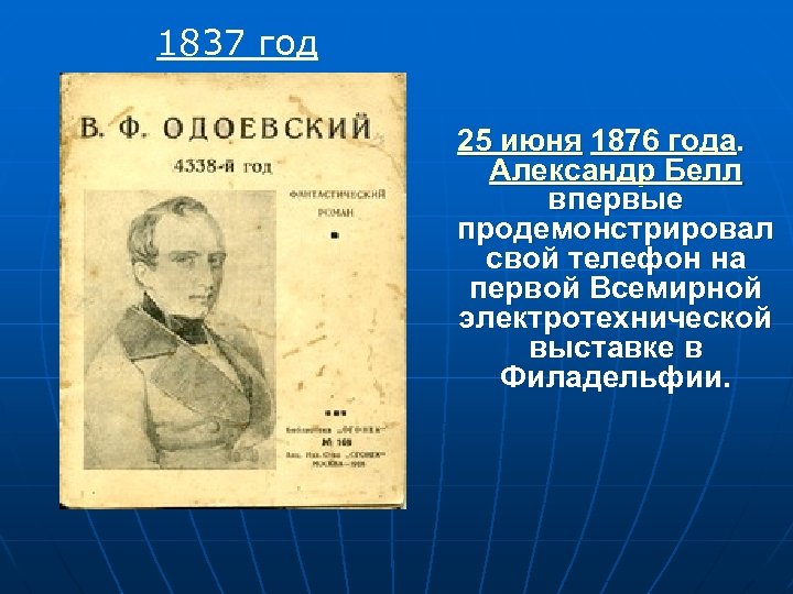 1837 год 25 июня 1876 года. Александр Белл впервые продемонстрировал свой телефон на первой