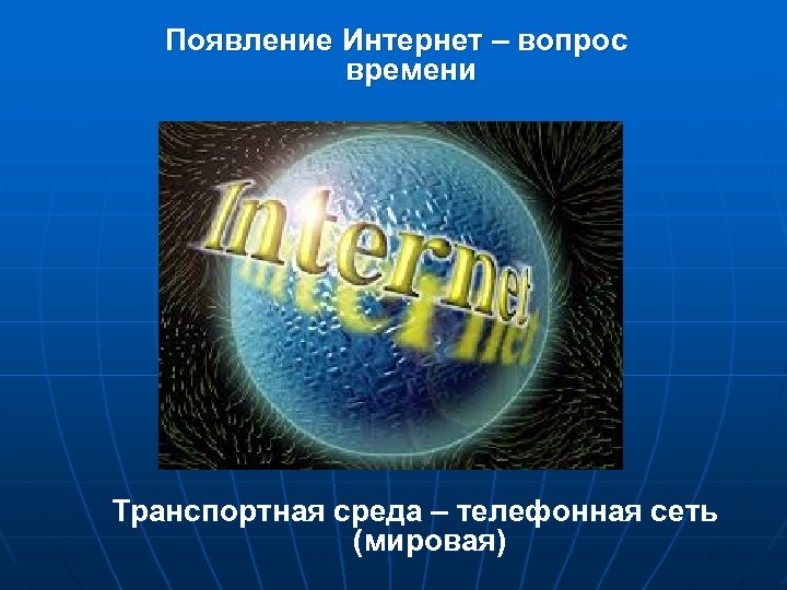 Появление Интернет – вопрос времени Транспортная среда – телефонная сеть (мировая) 