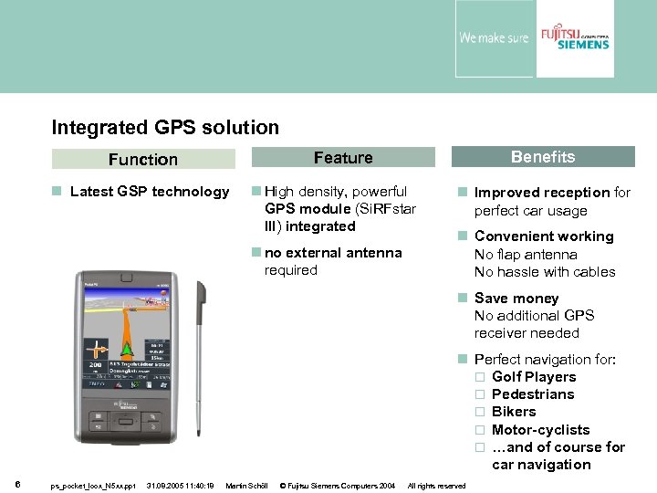 Integrated GPS solution Benefits Feature Function Latest GSP technology High density, powerful GPS module