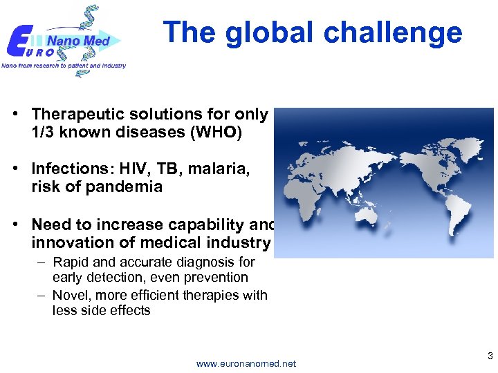 The global challenge • Therapeutic solutions for only 1/3 known diseases (WHO) • Infections: