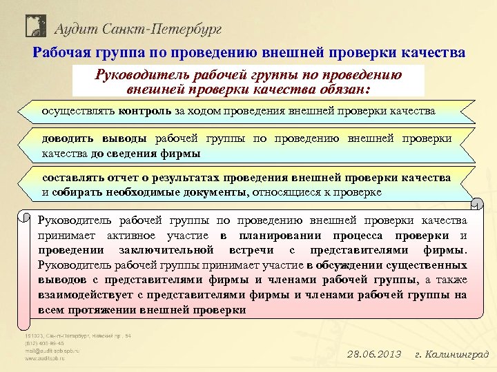 Рабочая группа по проведению внешней проверки качества Руководитель рабочей группы по проведению внешней проверки