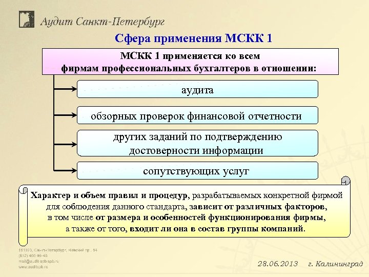 Сфера применения МСКК 1 применяется ко всем фирмам профессиональных бухгалтеров в отношении: аудита обзорных