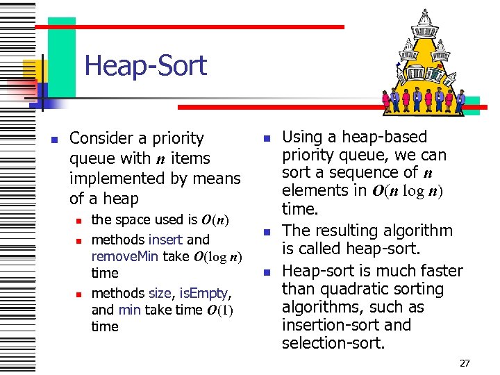 Heap-Sort n Consider a priority queue with n items implemented by means of a