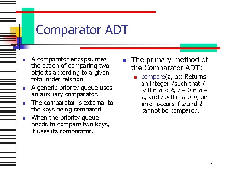 Comparator ADT n n A comparator encapsulates the action of comparing two objects according