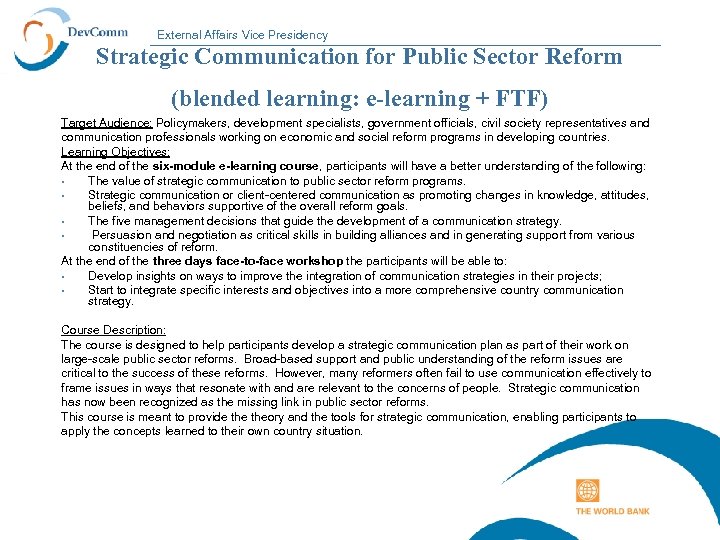 External Affairs Vice Presidency Strategic Communication for Public Sector Reform (blended learning: e-learning +