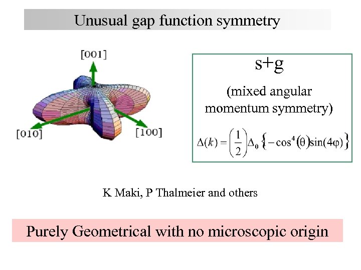 Unusual gap function symmetry s+g (mixed angular momentum symmetry) K Maki, P Thalmeier and