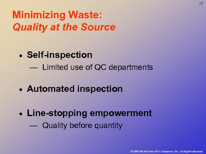 15 Minimizing Waste: Quality at the Source · Self-inspection — Limited use of QC