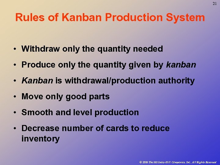 21 Rules of Kanban Production System • Withdraw only the quantity needed • Produce