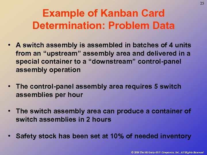 25 Example of Kanban Card Determination: Problem Data • A switch assembly is assembled