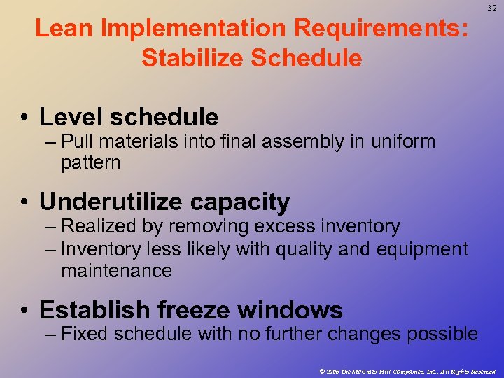 32 Lean Implementation Requirements: Stabilize Schedule • Level schedule – Pull materials into final