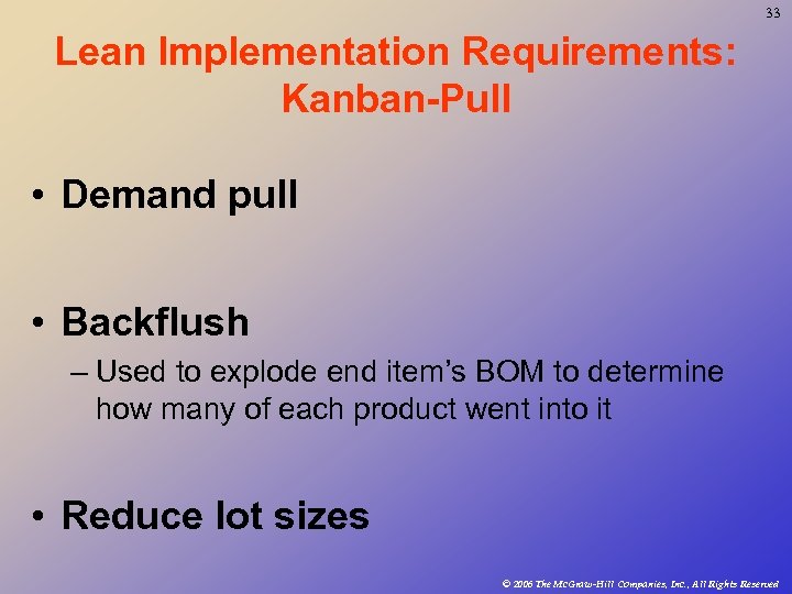 33 Lean Implementation Requirements: Kanban-Pull • Demand pull • Backflush – Used to explode