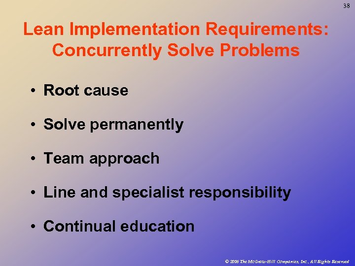 38 Lean Implementation Requirements: Concurrently Solve Problems • Root cause • Solve permanently •