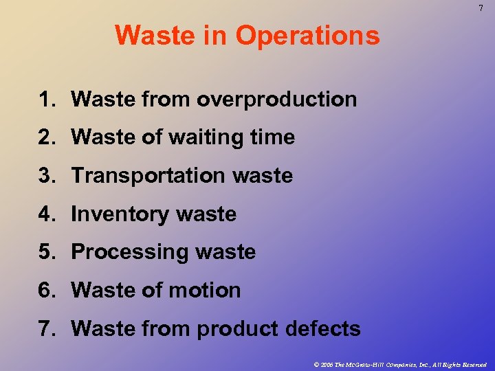 7 Waste in Operations 1. Waste from overproduction 2. Waste of waiting time 3.