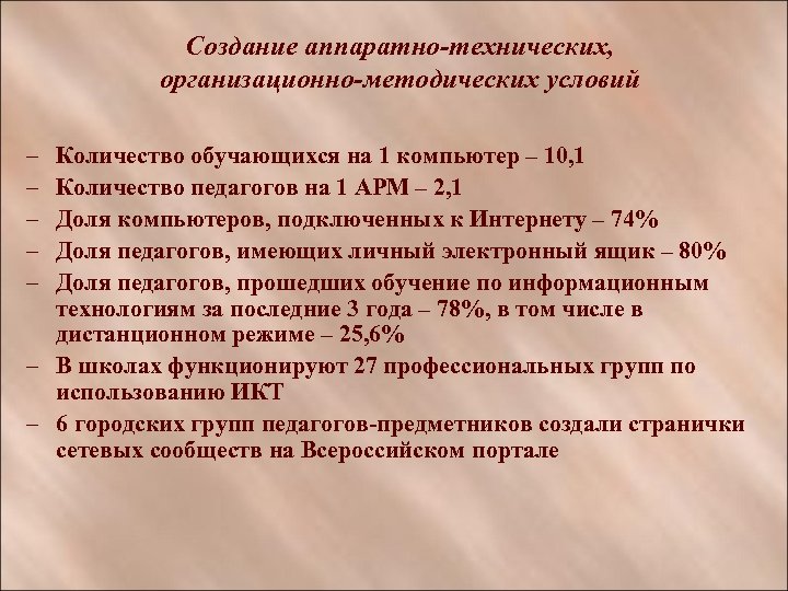 Создание аппаратно-технических, организационно-методических условий – – – Количество обучающихся на 1 компьютер – 10,