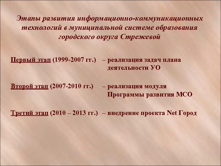 Этапы развития информационно-коммуникационных технологий в муниципальной системе образования городского округа Стрежевой Первый этап (1999