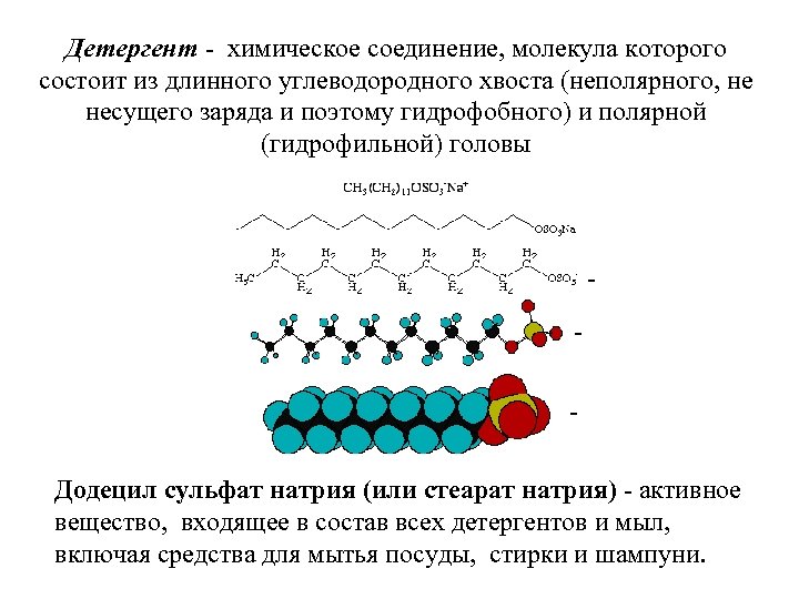 Детергент - химическое соединение, молекула которого состоит из длинного углеводородного хвоста (неполярного, не несущего