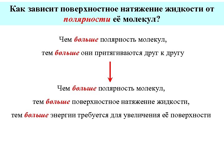 Как зависит поверхностное натяжение жидкости от полярности её молекул? Чем больше полярность молекул, тем