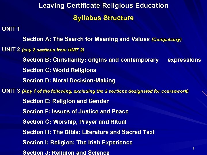 Leaving Certificate Religious Education Syllabus Structure UNIT 1 Section A: The Search for Meaning