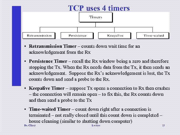 TCP uses 4 timers • Retransmission Timer – counts down wait time for an
