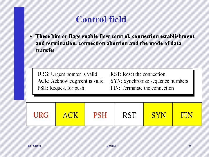 Control field • These bits or flags enable flow control, connection establishment and termination,