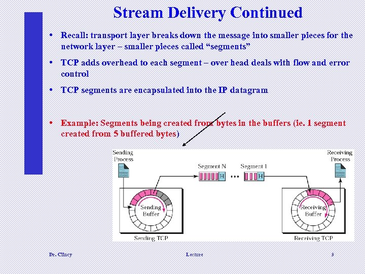 Stream Delivery Continued • Recall: transport layer breaks down the message into smaller pieces
