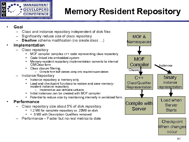 Memory Resident Repository • Goal – Class and instance repository independent of disk files