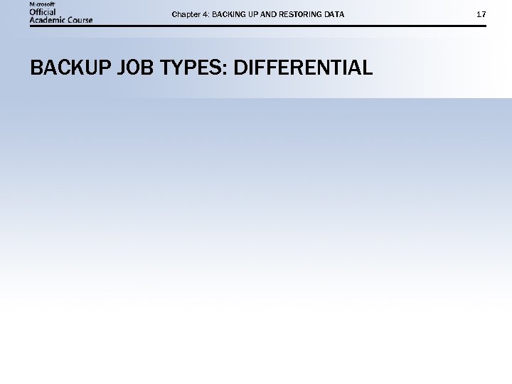 Chapter 4: BACKING UP AND RESTORING DATA BACKUP JOB TYPES: DIFFERENTIAL 17 