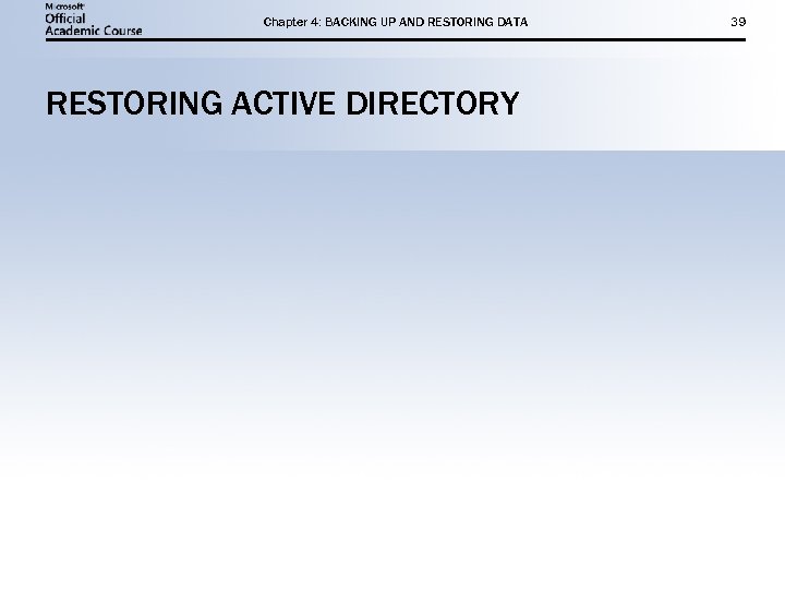 Chapter 4: BACKING UP AND RESTORING DATA RESTORING ACTIVE DIRECTORY 39 