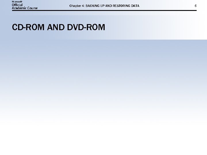 Chapter 4: BACKING UP AND RESTORING DATA CD-ROM AND DVD-ROM 6 