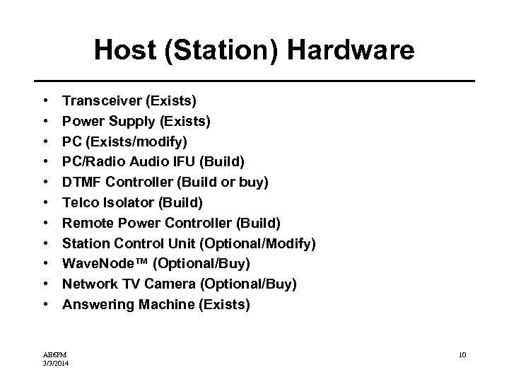 Host (Station) Hardware • • • Transceiver (Exists) Power Supply (Exists) PC (Exists/modify) PC/Radio