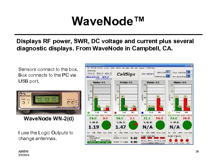 Wave. Node™ Displays RF power, SWR, DC voltage and current plus several diagnostic displays.