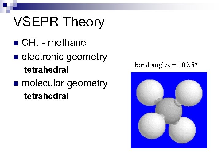 VSEPR Theory CH 4 - methane n electronic geometry n tetrahedral n molecular geometry