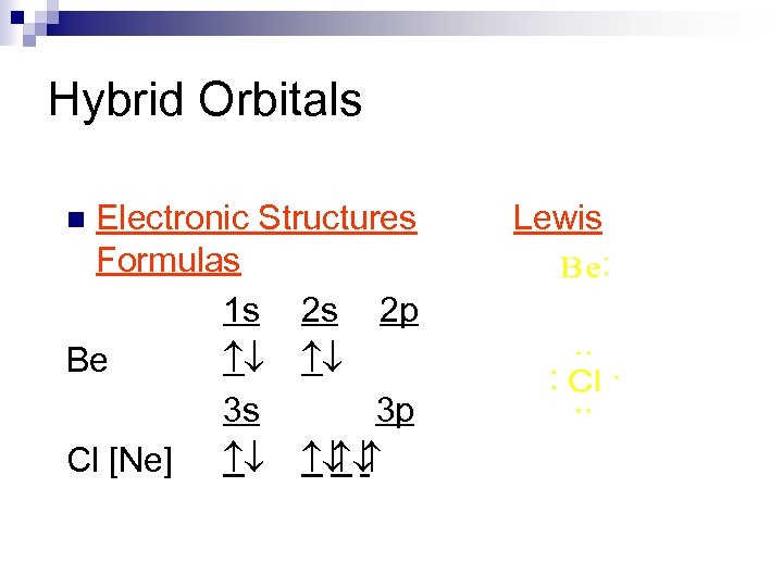 Hybrid Orbitals Electronic Structures Formulas 1 s 2 s 2 p Be ¯ ¯