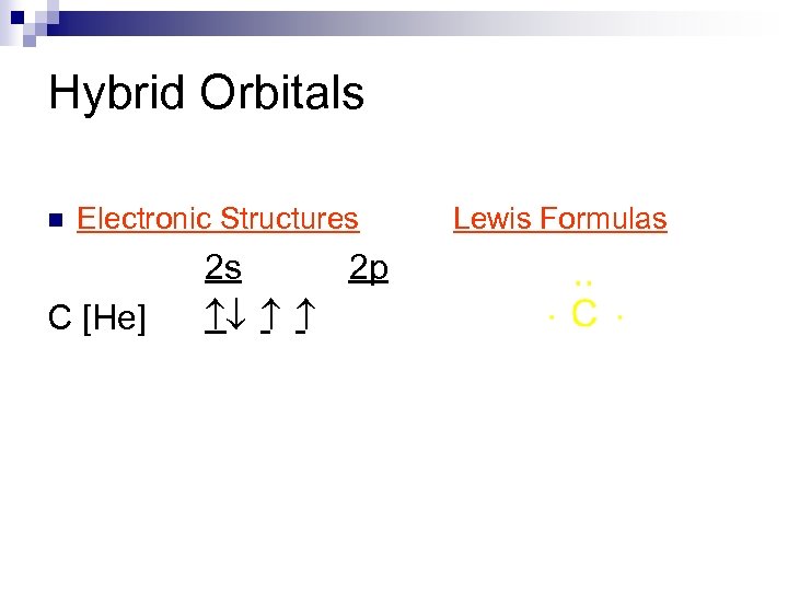 Hybrid Orbitals n Electronic Structures C [He] 2 s 2 p ¯ Lewis Formulas
