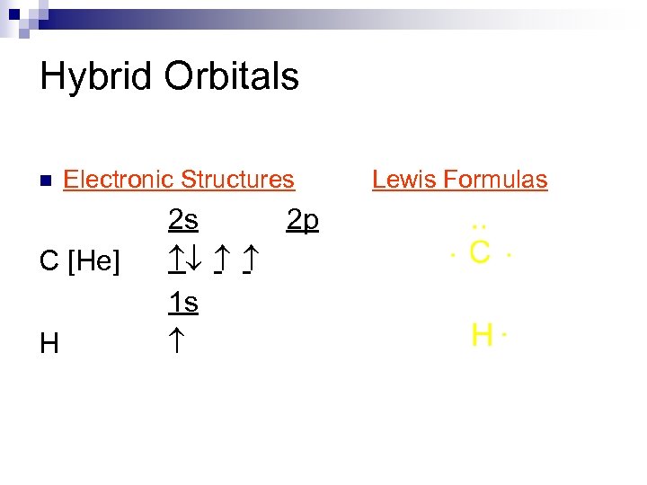 Hybrid Orbitals n Electronic Structures C [He] H 2 s 2 p ¯ 1