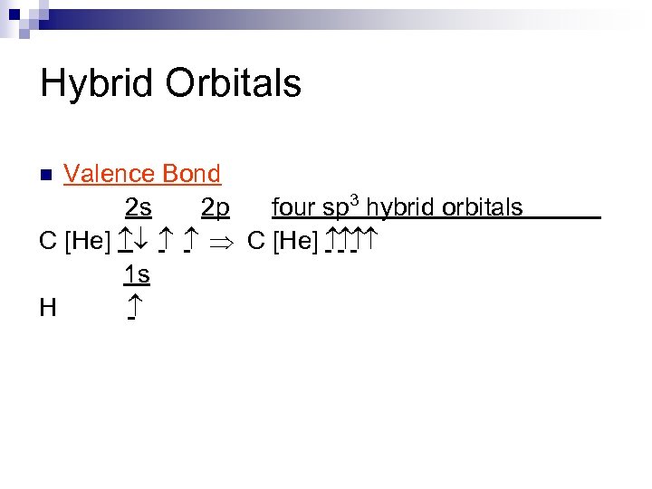Hybrid Orbitals Valence Bond 2 s 2 p four sp 3 hybrid orbitals C