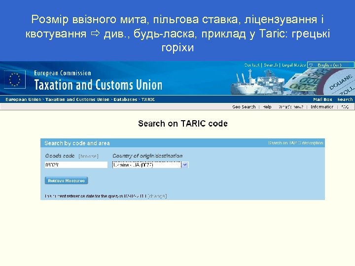 Розмір ввізного мита, пільгова ставка, ліцензування і квотування див. , будь-ласка, приклад у Taric: