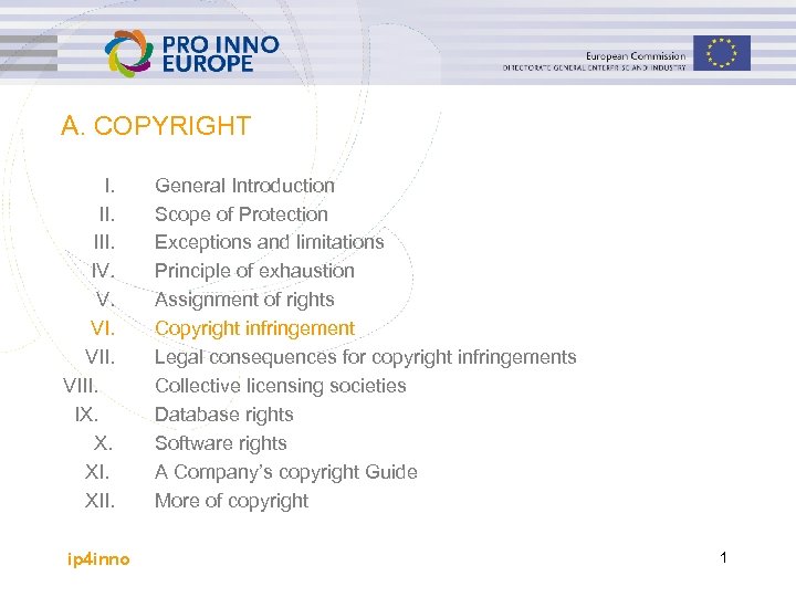 A. COPYRIGHT I. III. IV. V. VIII. IX. X. XII. ip 4 inno General