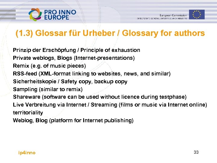 (1. 3) Glossar für Urheber / Glossary for authors Prinzip der Erschöpfung / Principle
