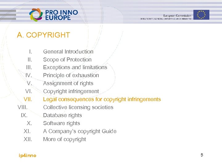 A. COPYRIGHT I. III. IV. V. VIII. IX. X. XII. ip 4 inno General